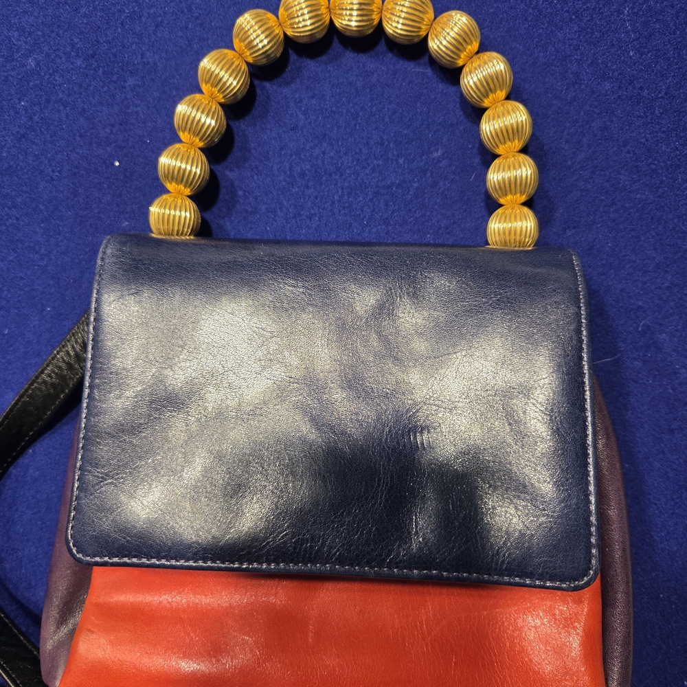 Joseph Navy and Red Shoulder Bag with Gold Beaded Handle